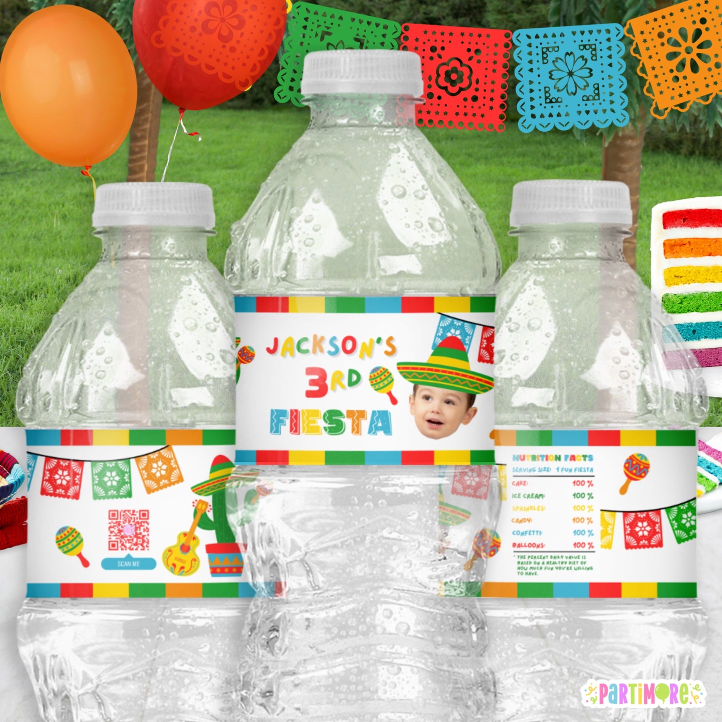 Boys Colorful Fiesta Water Bottle Labels | Personalized Cinco De Mayo Party Favor Stickers | 3rd Birthday Drink Wraps