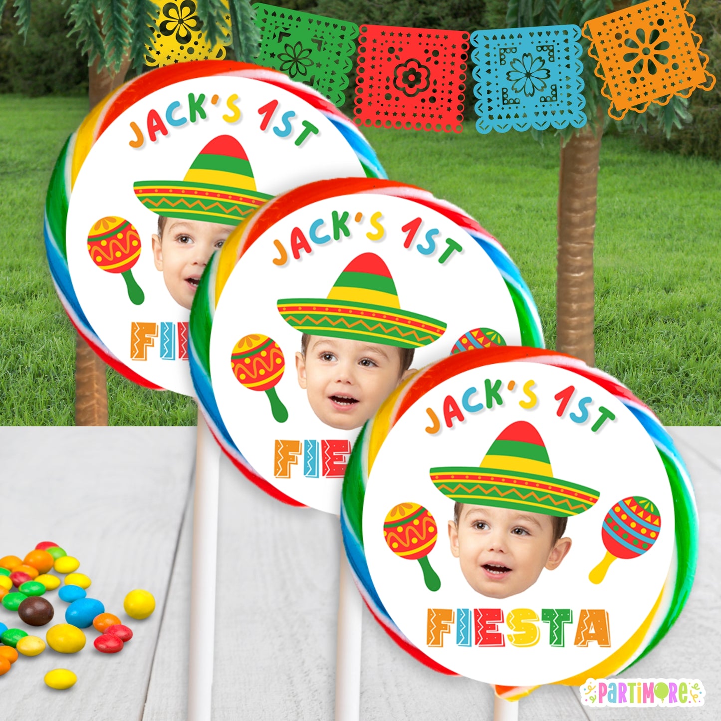 Boys Fiesta Round Lollipop Stickers | Personalized Cinco De Mayo Party Favors | Three-esta 3rd Birthday Decorations