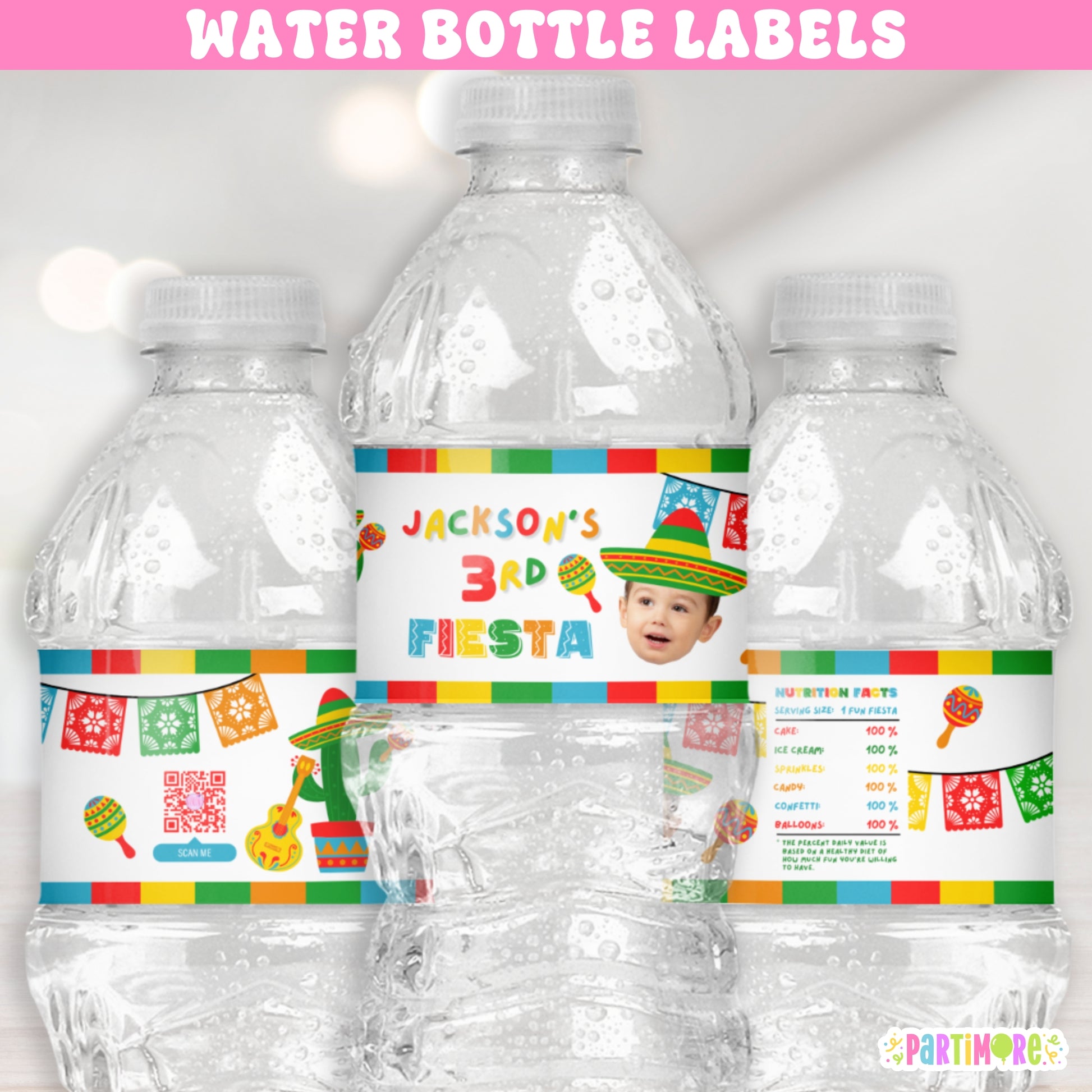 Fiesta birthday water bottle label in vibrant traditional colors with sombrero, maracas, and papel picado – boys’ Mexican birthday drink wrap