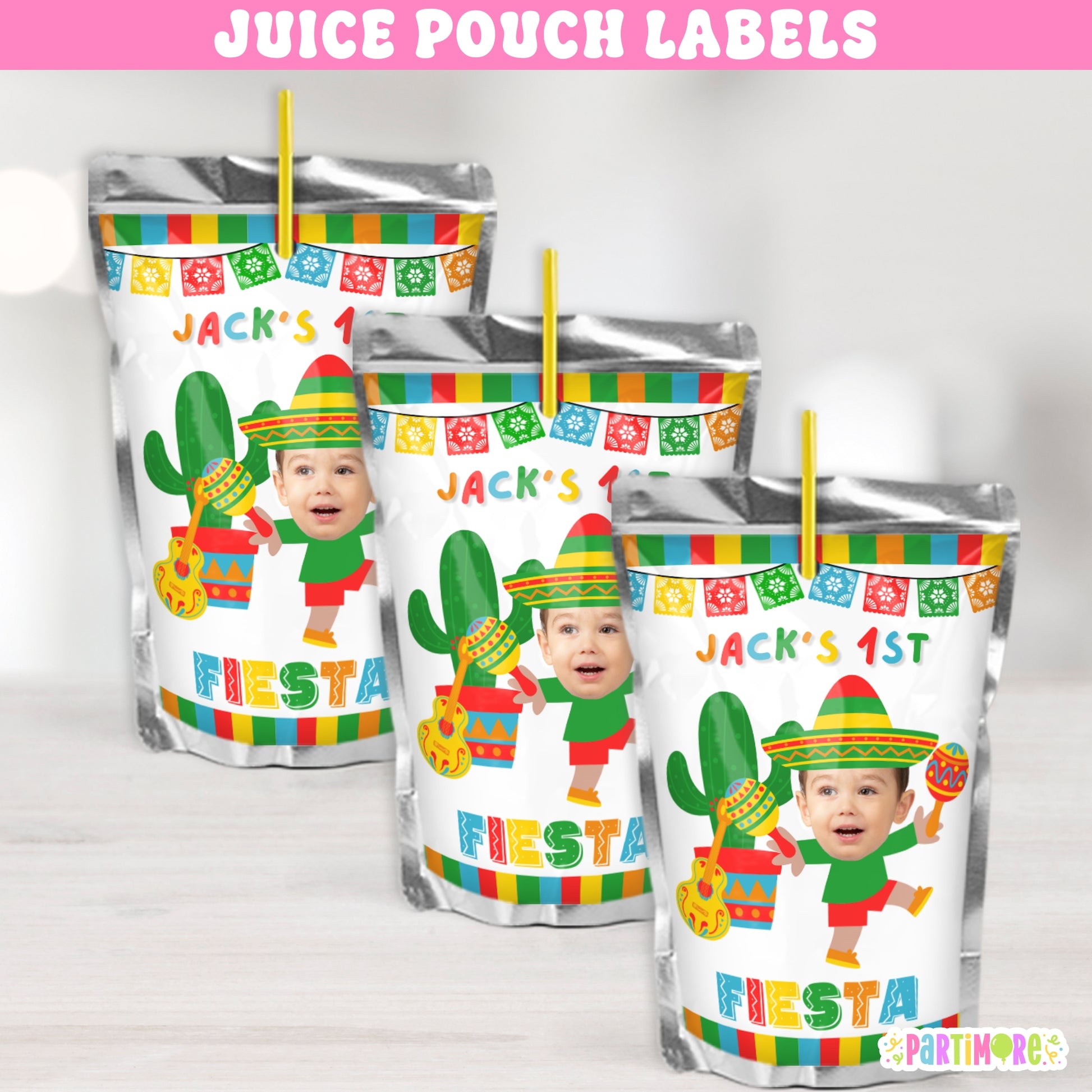 Mexican fiesta juice pouch label with sombrero, maracas, guitar and colorful papel picado banner – boys’ birthday or Cinco de Mayo drink pouch stickers