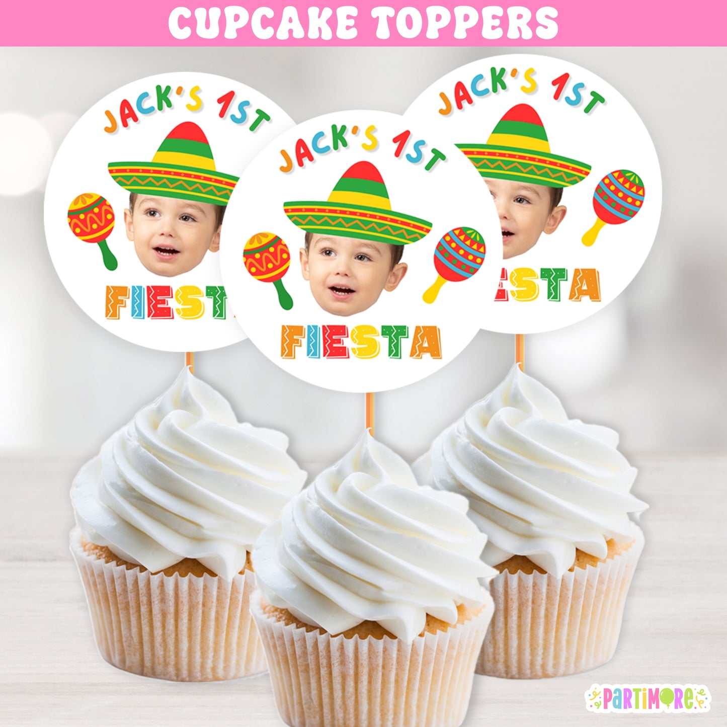 Fiesta cupcake toppers in traditional colors with sombrero and maracas – Mexican birthday dessert decorations for boys’ taco party