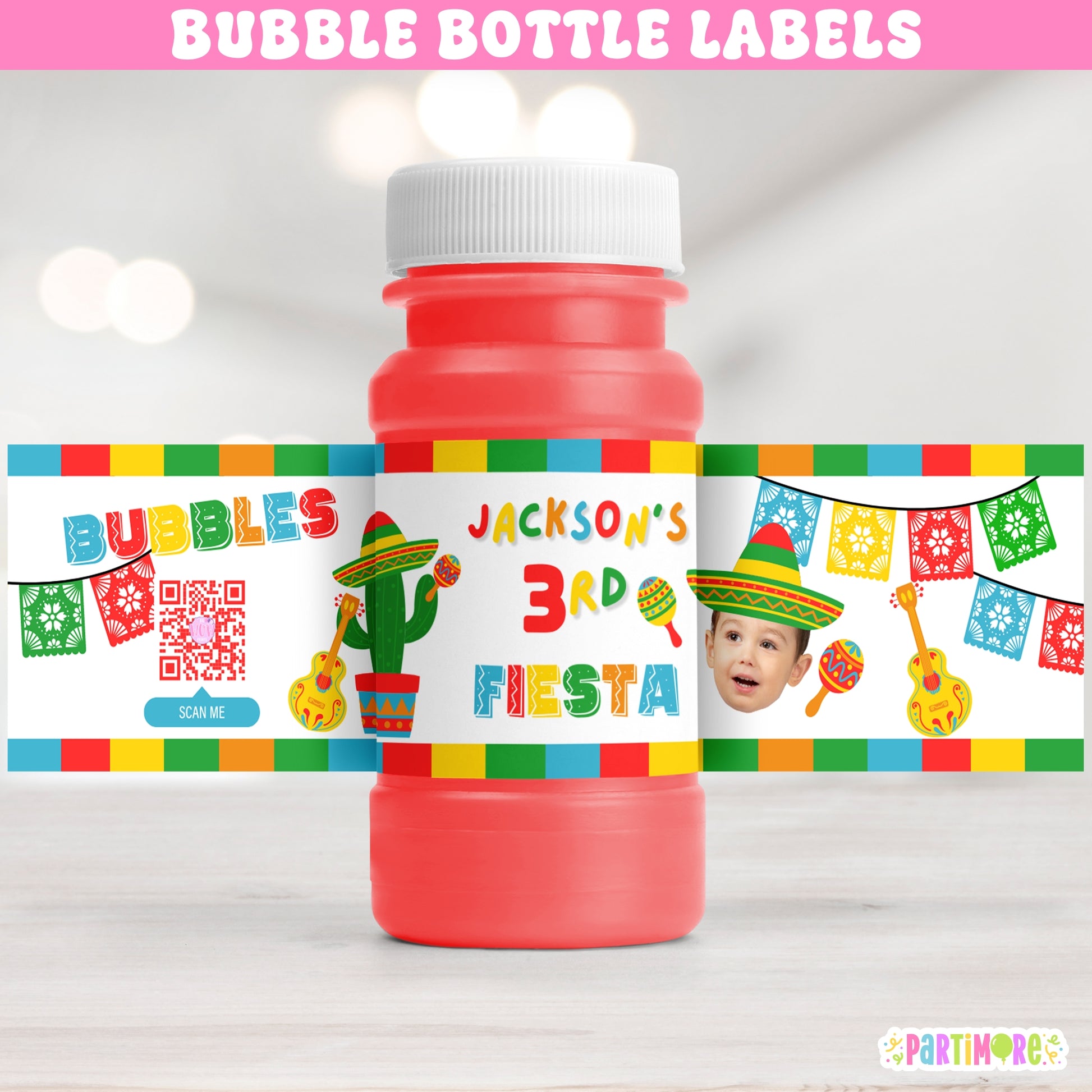 Mexican fiesta bubble bottle labels in bold traditional colors with sombrero, maracas, and cactus – fun party favor for boys’ taco or Cinco de Mayo birthday
