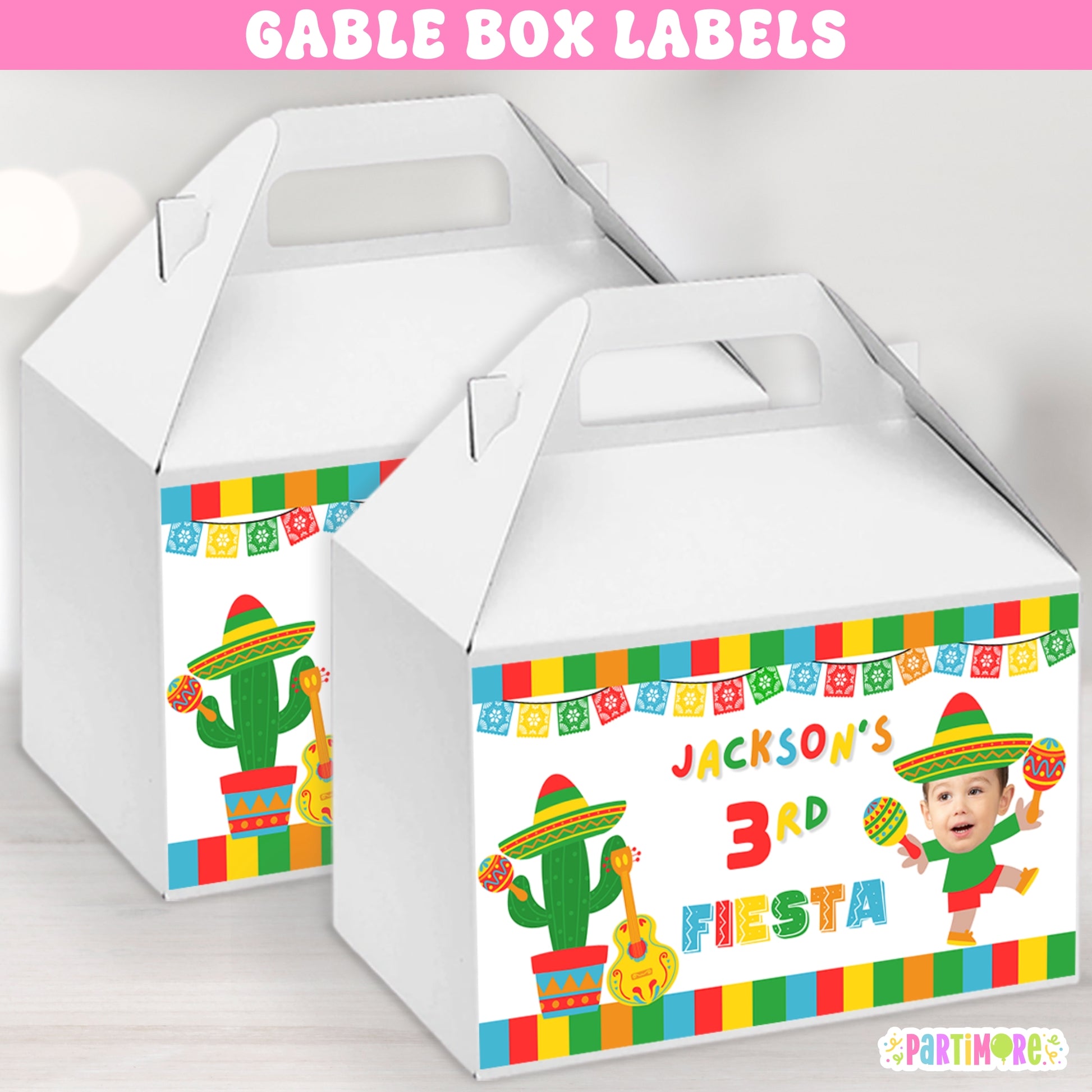 Fiesta birthday gable box favor label in bold traditional colors with sombrero, maracas, and festive design – Mexican fiesta party box sticker for boys