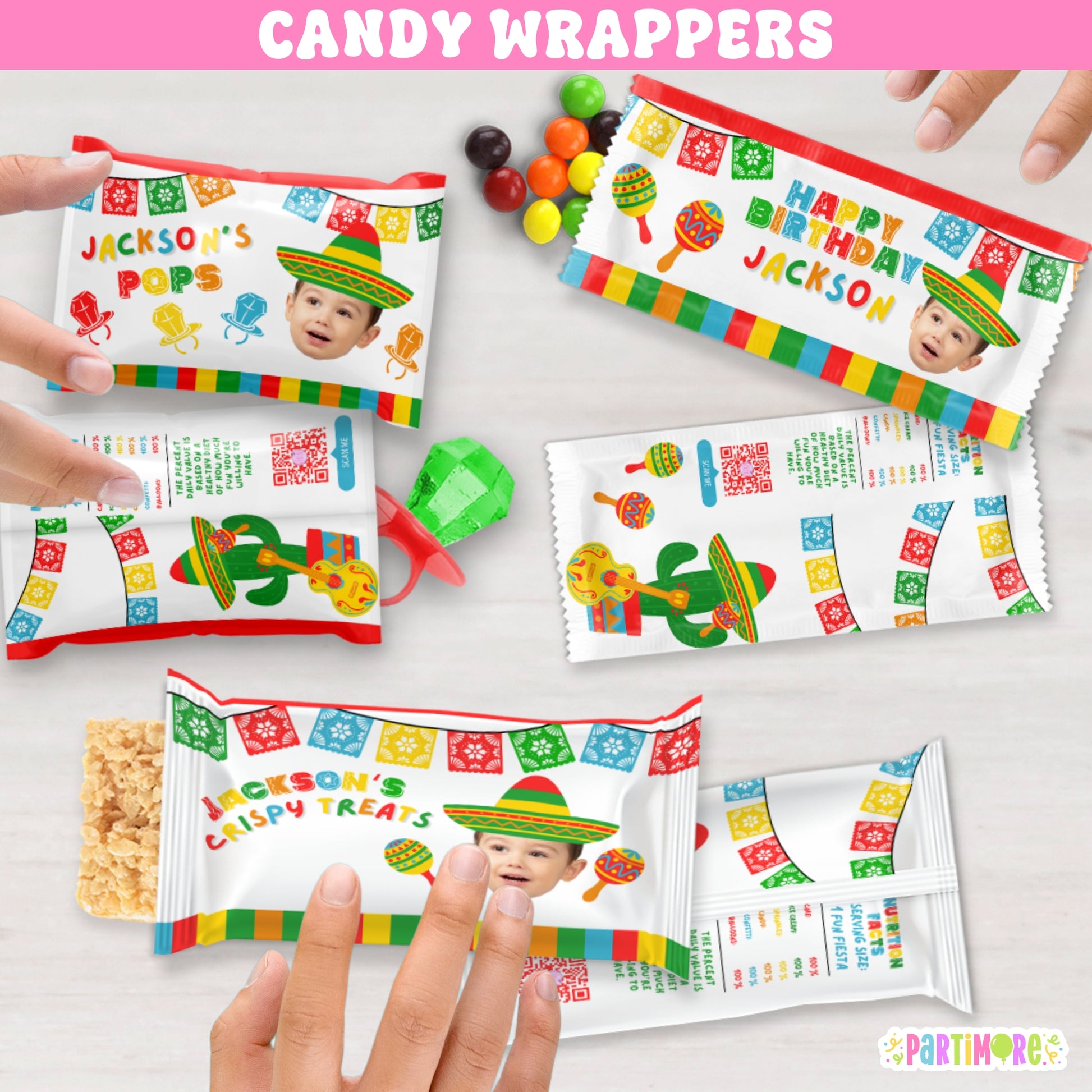 Custom Fiesta birthday candy wrapper favor in bold Mexican fiesta colors with sombrero, maracas, and festive papel – treat bag label for boys and girls