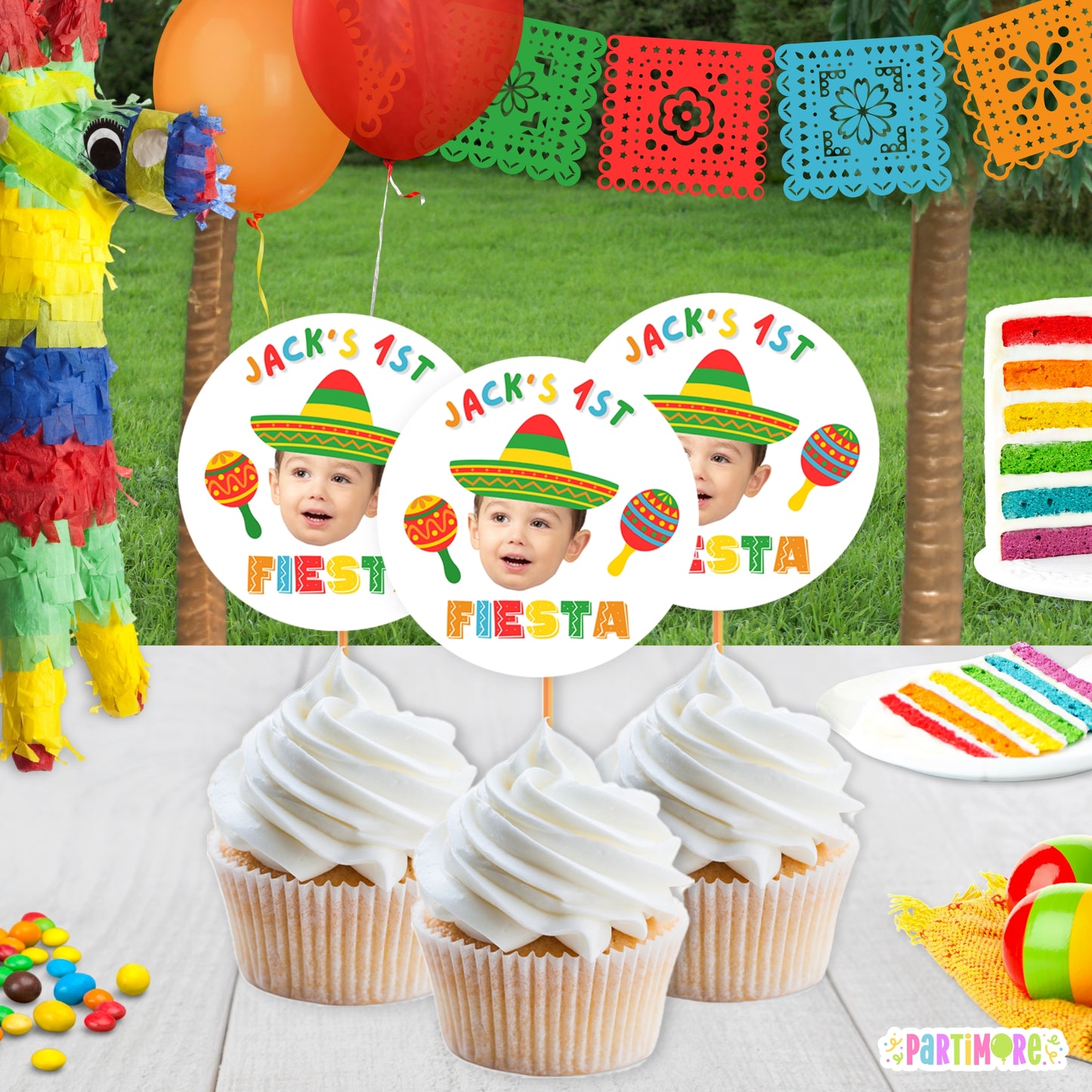Boys Fiesta Cupcake Toppers | Personalized 3rd Birthday Table Decor | Three-esta Party Favors