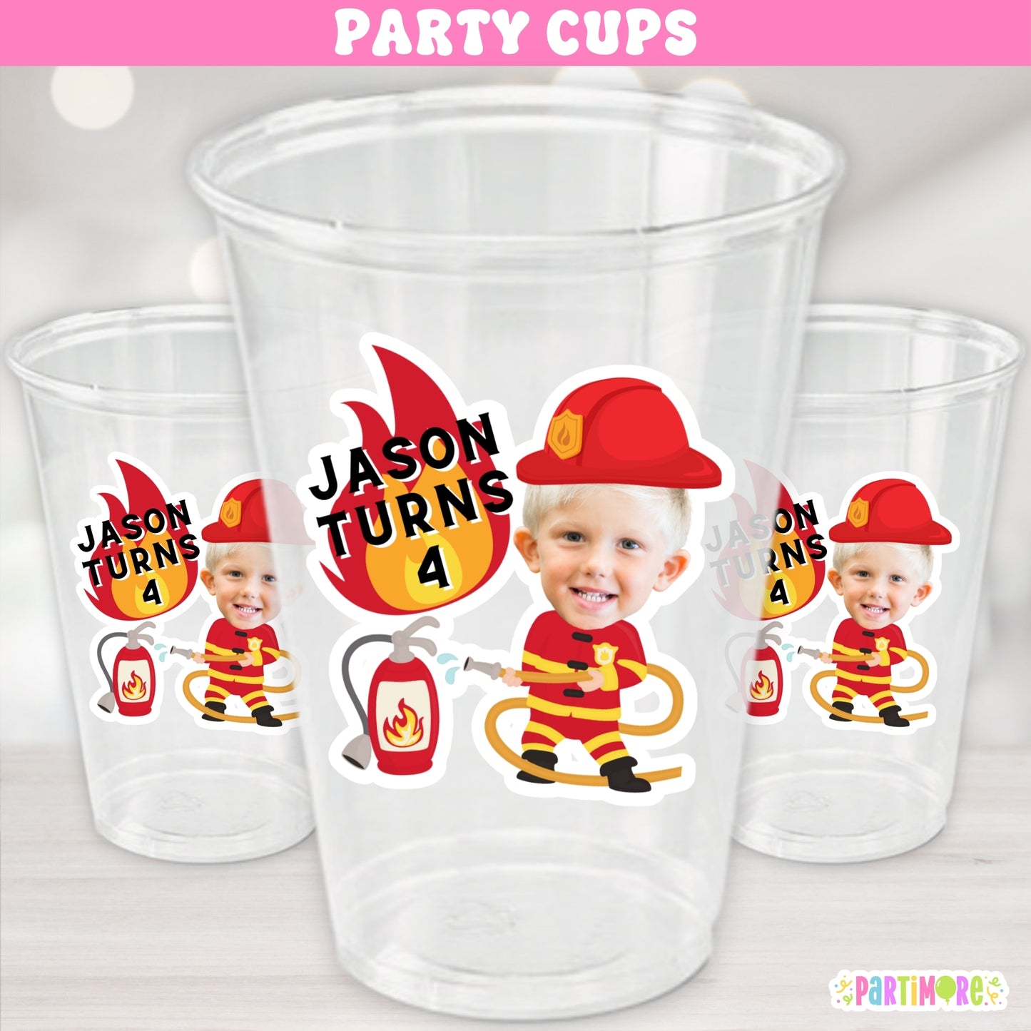 Personalized Firefighter Birthday Cups, Fire Truck Birthday Party Supplies, Funny Fireman Bachelorette Party Decor, Helmet, Hose, Fire Extinguisher