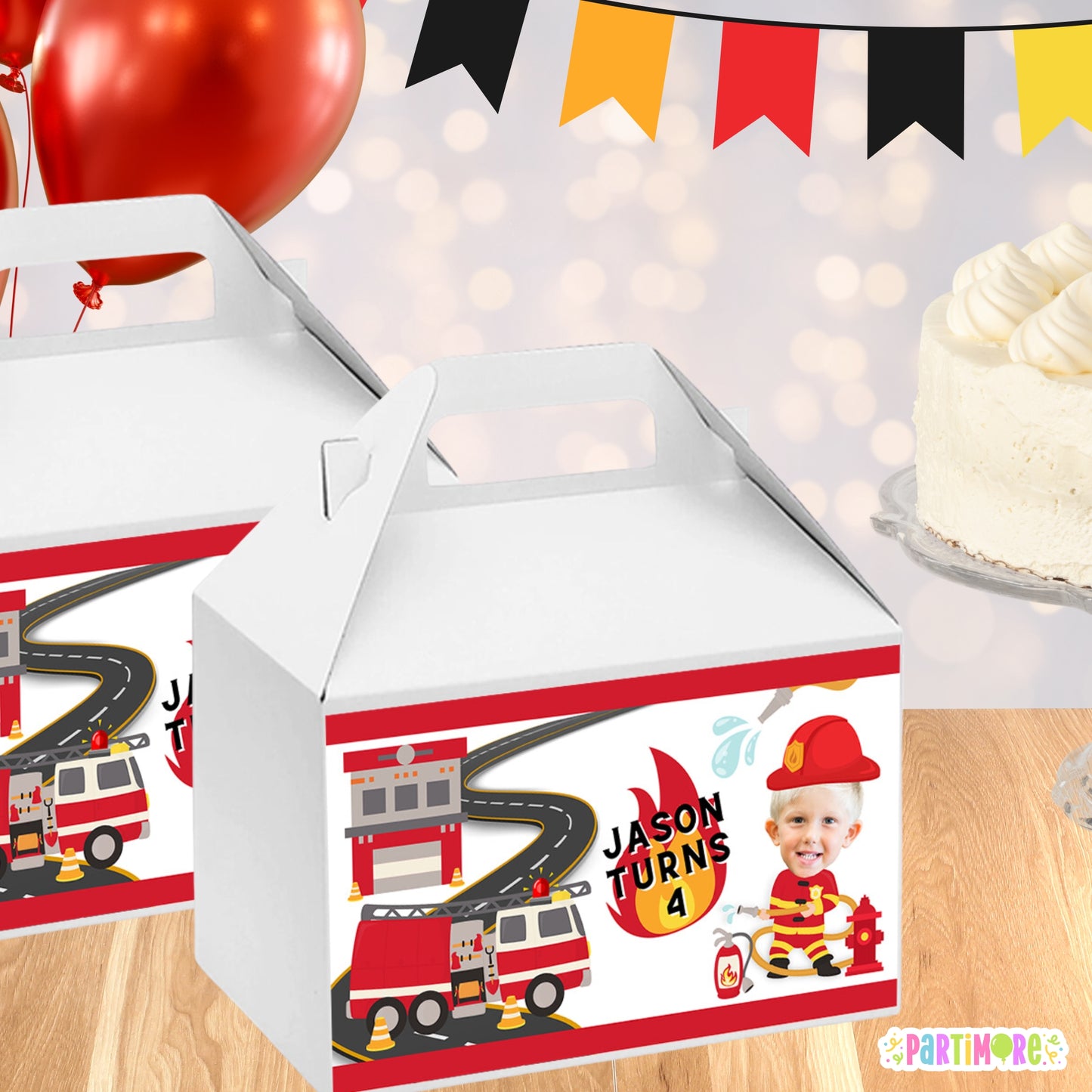 Custom Firefighter Gable Box Stickers | Personalized Firetruck Birthday | Firefighter Birthday Party Favors