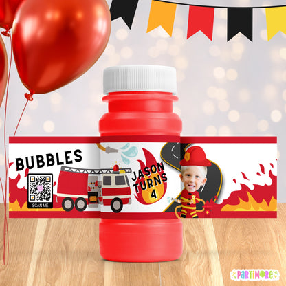 Custom Firefighter Bubble Labels | Personalized Firetruck Birthday Party Favors | Fireman Party Favor Stickers
