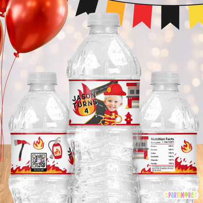Custom Firefighter Water Bottle Labels | Personalized Firetruck Birthday Party Favors and Supplies