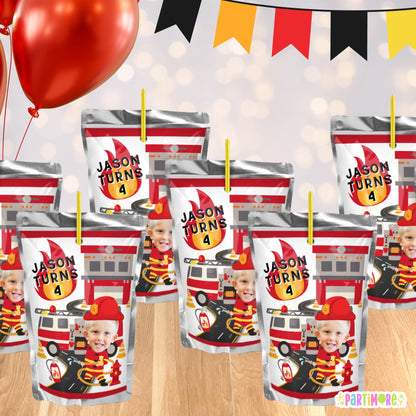 Personalized Firefighter Juice Pouch Labels |Custom Firetruck Birthday Party Decor