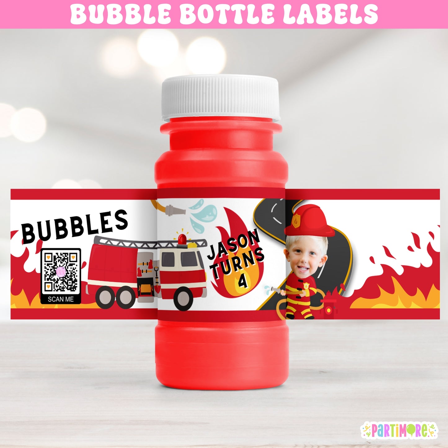 Custom Firefighter Bubble Labels | Personalized Firetruck Birthday Party Favors | Fireman Party Favor Stickers