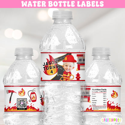 Custom Firefighter Water Bottle Labels | Personalized Firetruck Birthday Party Favors and Supplies