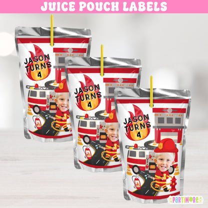 Personalized Firefighter Juice Pouch Labels |Custom Firetruck Birthday Party Decor