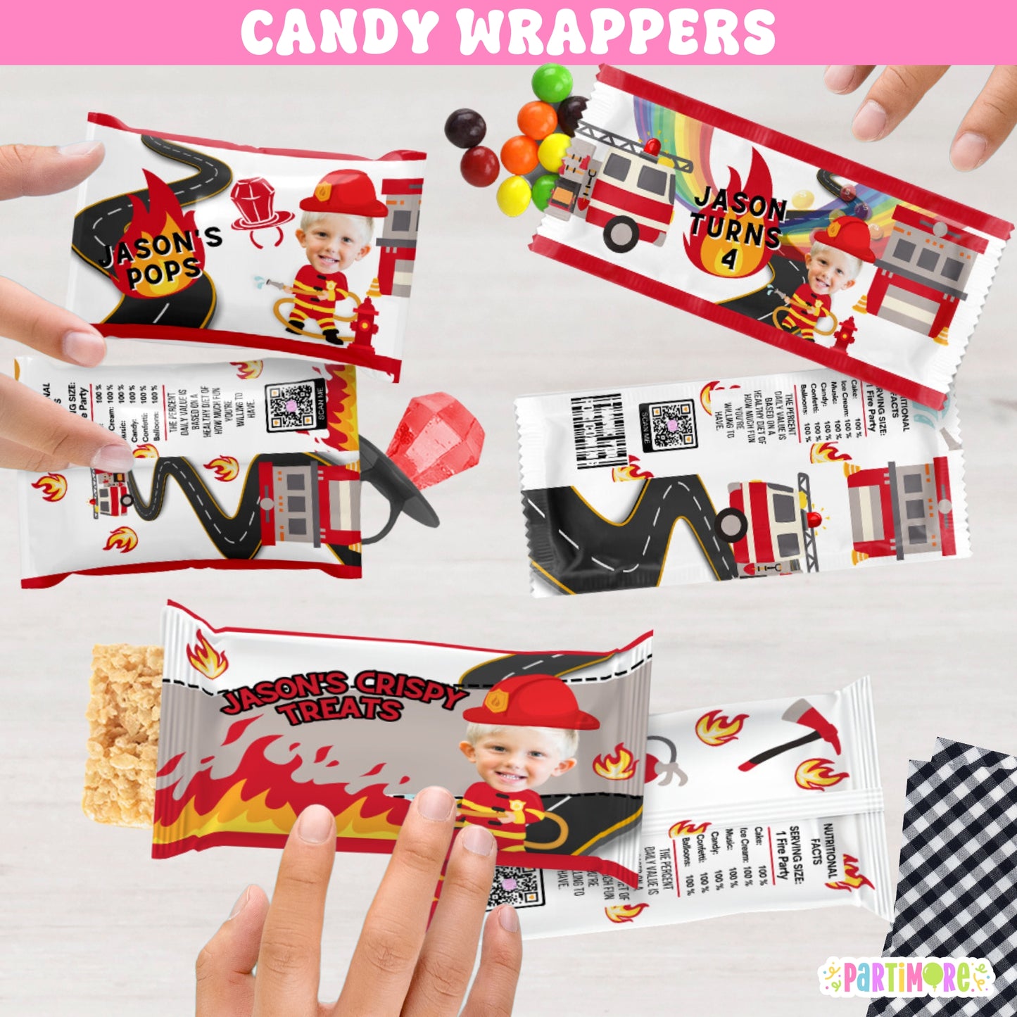 Personalized Firefighter Candy Wrappers | Custom Photo Firefighter With Hat | Firetruck Birthday Party Favors