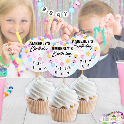 taylor inspired friendship bracelet cupcake toppers personalized with name, age, and beads that spell out "era" 