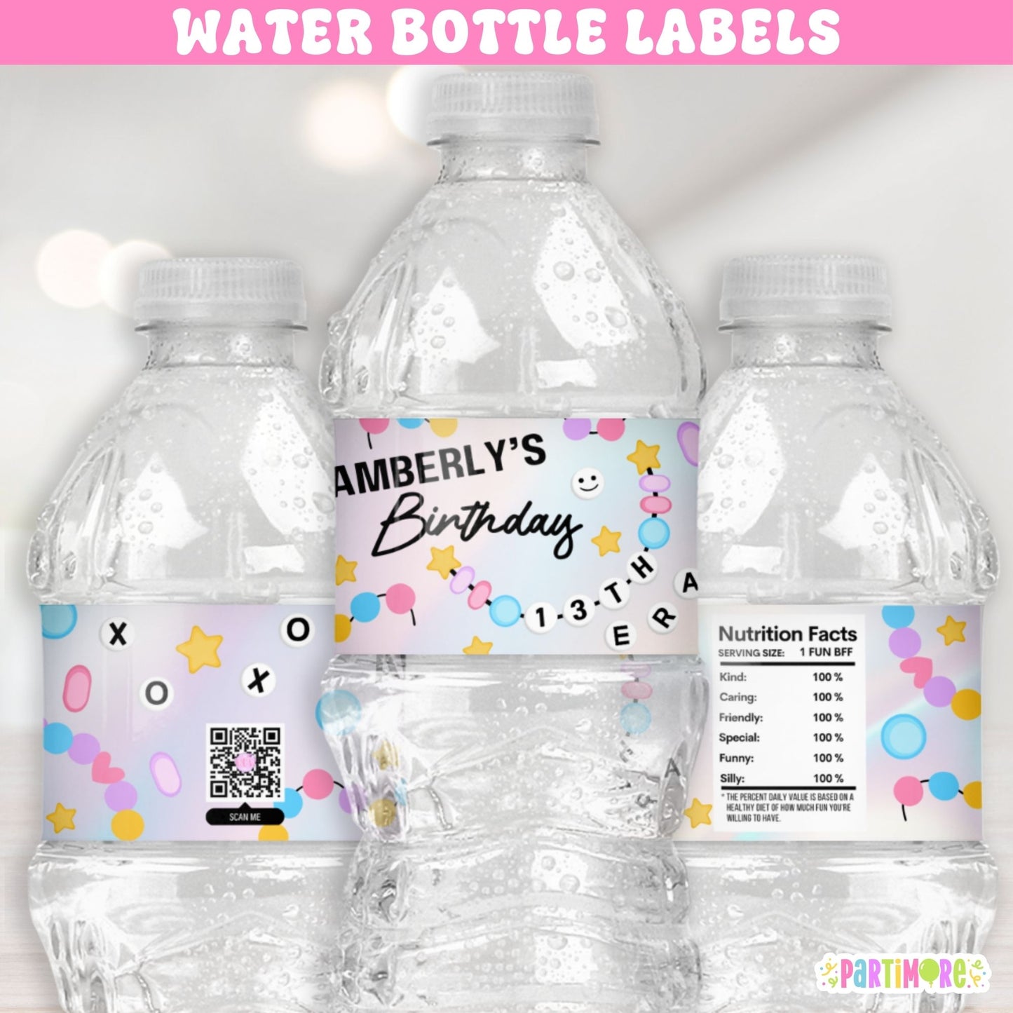 Friendship Bracelet water bottle labels with bead design and custom name, waterproof party drink wraps.