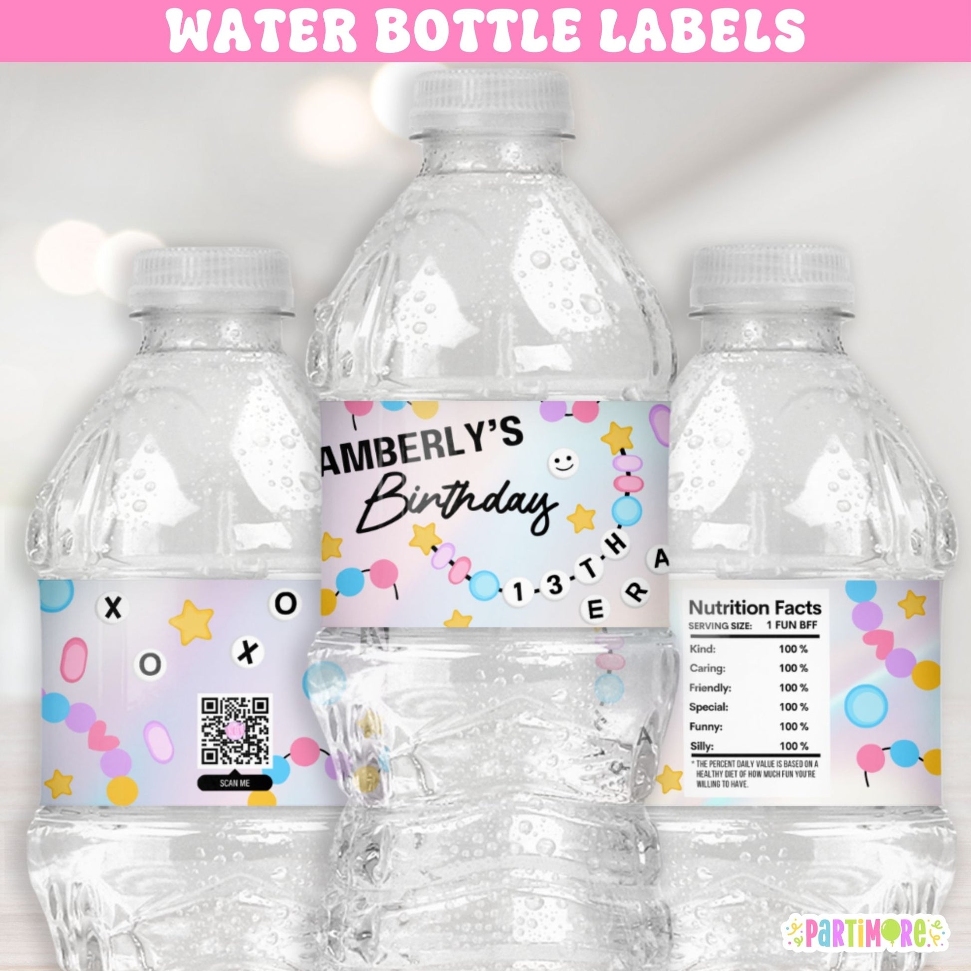 Friendship Bracelet water bottle labels with bead design and custom name, waterproof party drink wraps.
