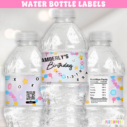 Friendship Bracelet water bottle labels with bead design and custom name, waterproof party drink wraps.