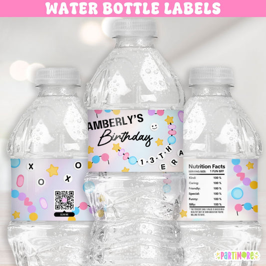 Friendship Bracelet water bottle labels with bead design and custom name, waterproof party drink wraps.
