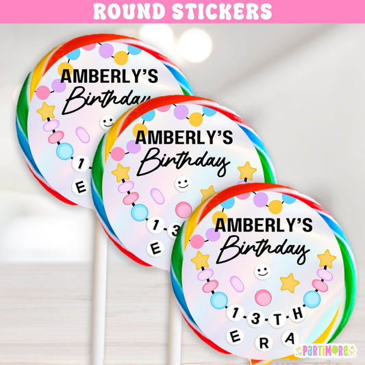 Friendship Bracelet round stickers with colorful bead design and custom name for birthday party favors.