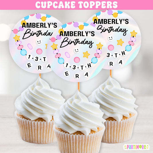 Friendship Bracelet cupcake toppers with colorful bead design and custom text for birthday party desserts.