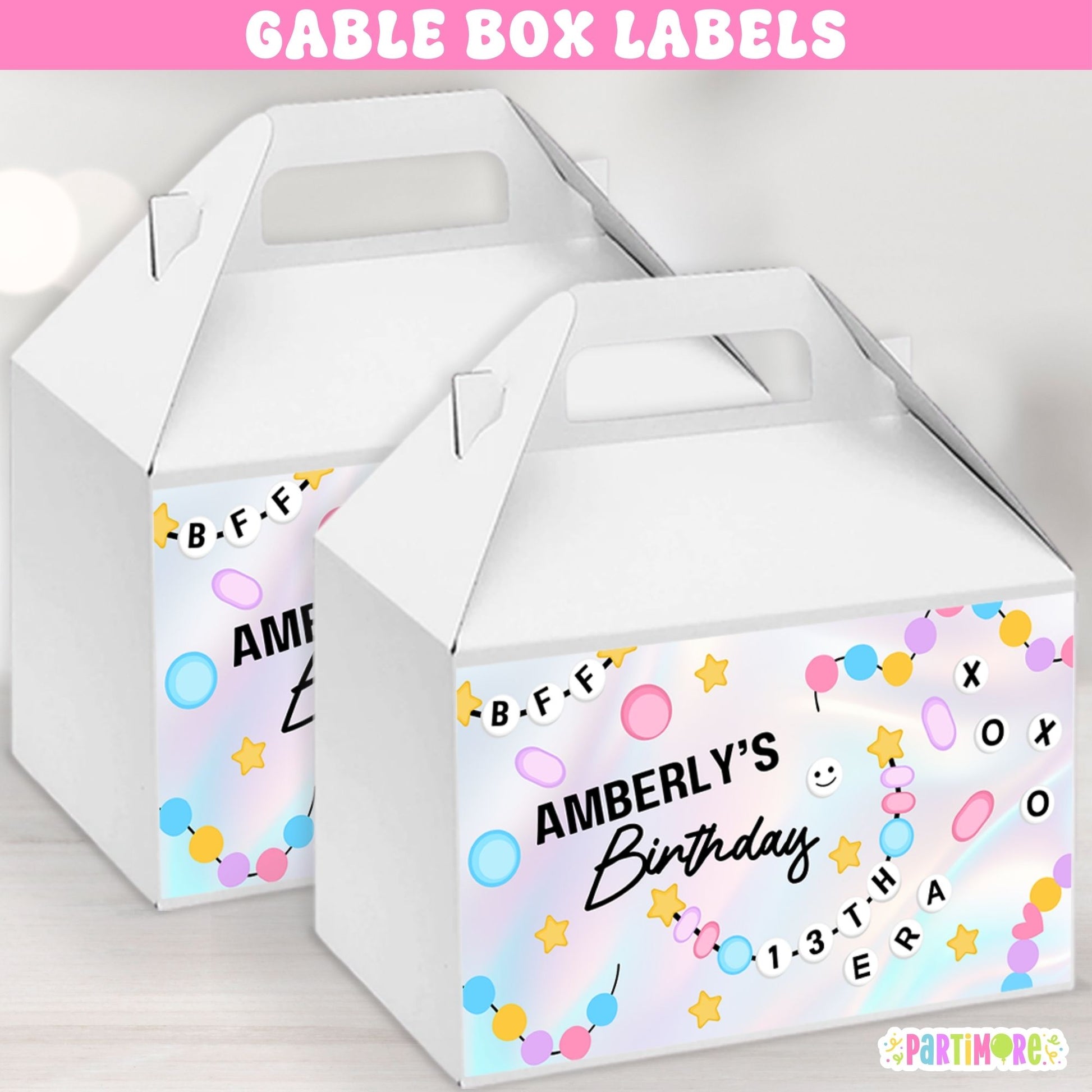 Friendship Bracelet gable box labels with colorful beads and custom name for birthday party favor boxes.