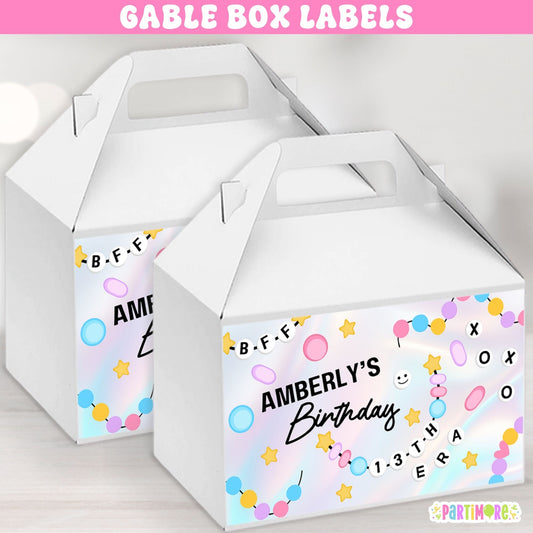 Friendship Bracelet gable box labels with colorful beads and custom name for birthday party favor boxes.