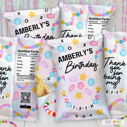Taylor inspired Friendship Bracelet birthday party decor. Personalized printed chip bags snack wrappers for teen girl's 13th birthday