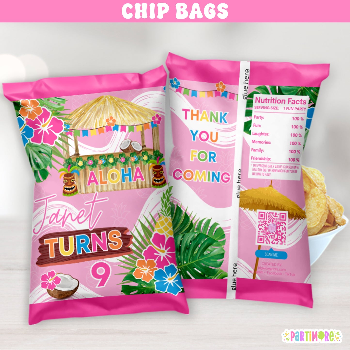 Custom Hawaiian Luau Chip Bag Wrappers | Personalized Tropical Summer Birthday Party Favors