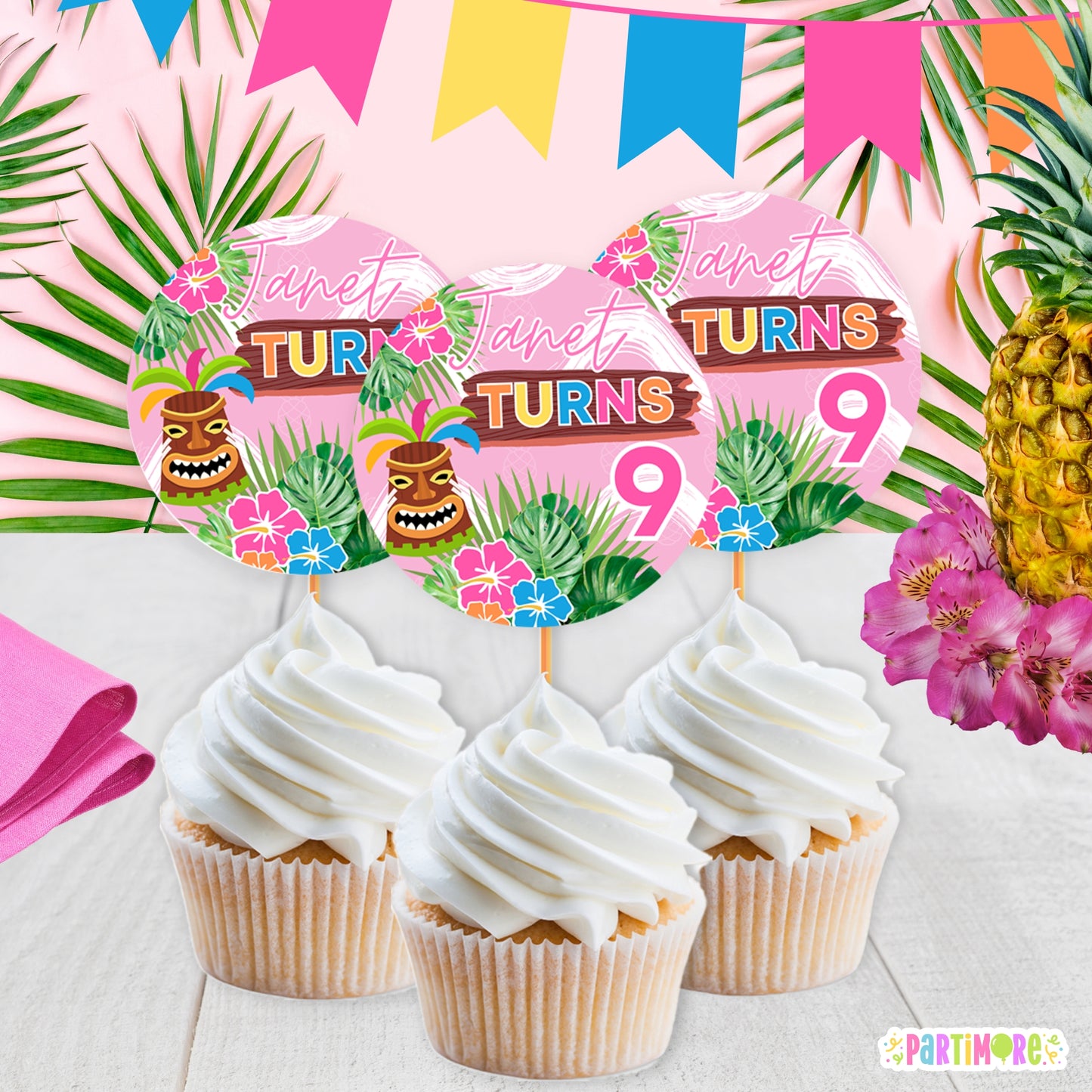 Custom Hawaiian Luau Cupcake Toppers | Tropical Summer Party Decorations