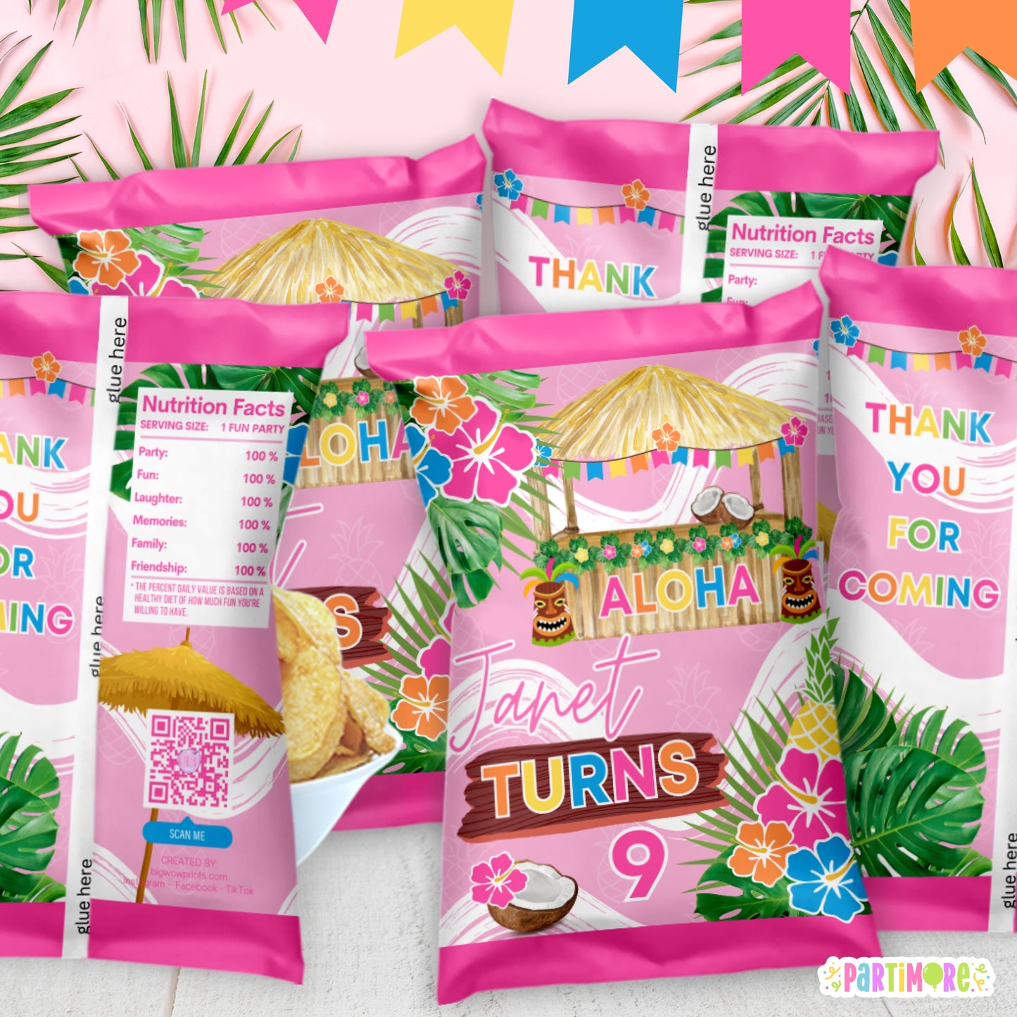 Custom Hawaiian Luau Chip Bag Wrappers | Personalized Tropical Summer Birthday Party Favors