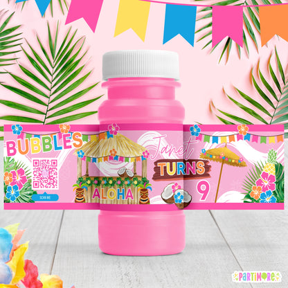 Custom Hawaiian Bubble Bottle Labels | Tropical Summer Luau Birthday Party Favor Stickers