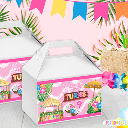 Custom Hawaiian Luau Gable Box Labels | Personalized Summer Tropical Birthday Party Favor Stickers