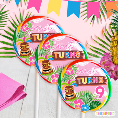 Personalized Hawaiian Luau Lollipop Stickers | Custom Tropical Summer Birthday Party Favors