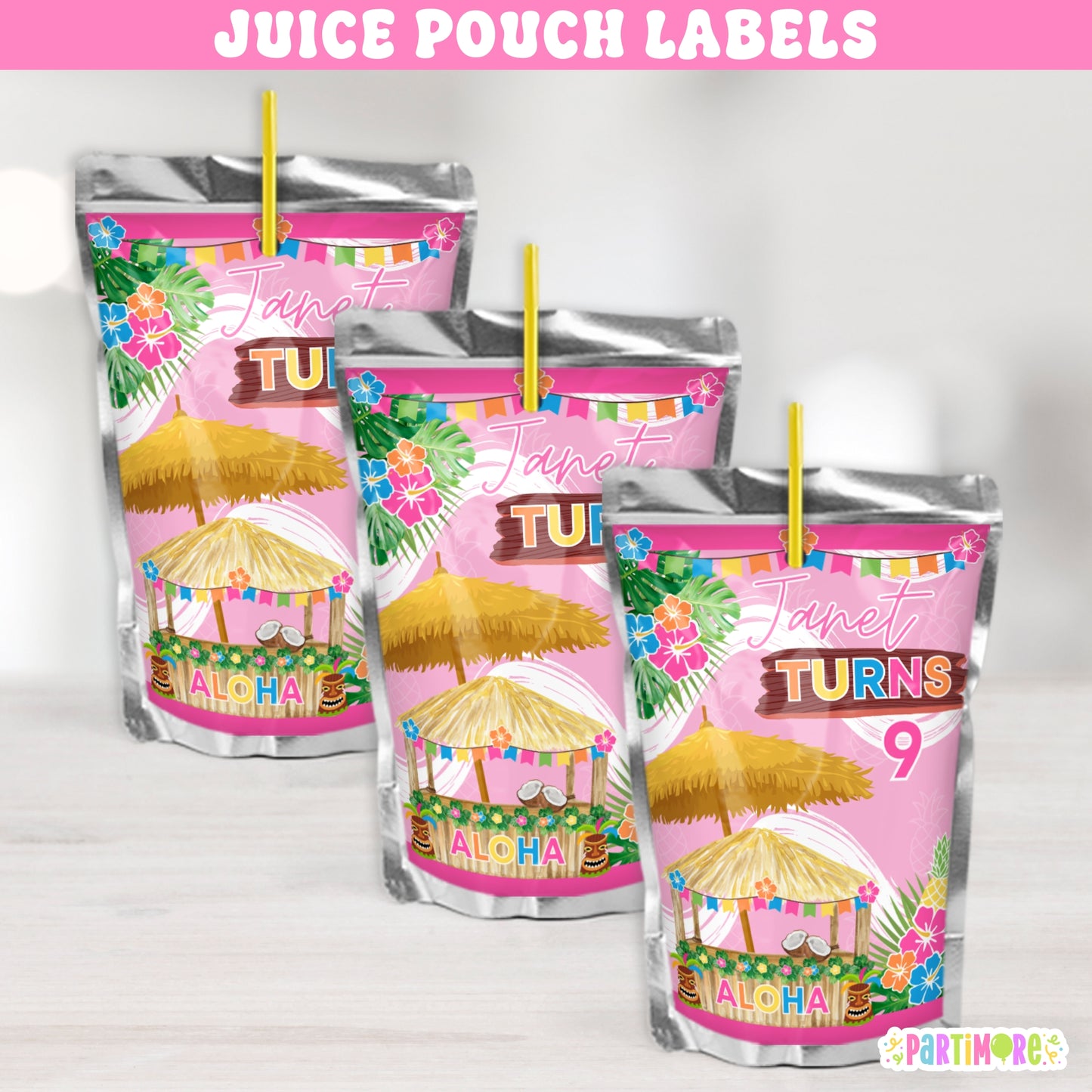 Custom Hawaiian Juice Pouch Labels | Tropical Luau Party Favors
