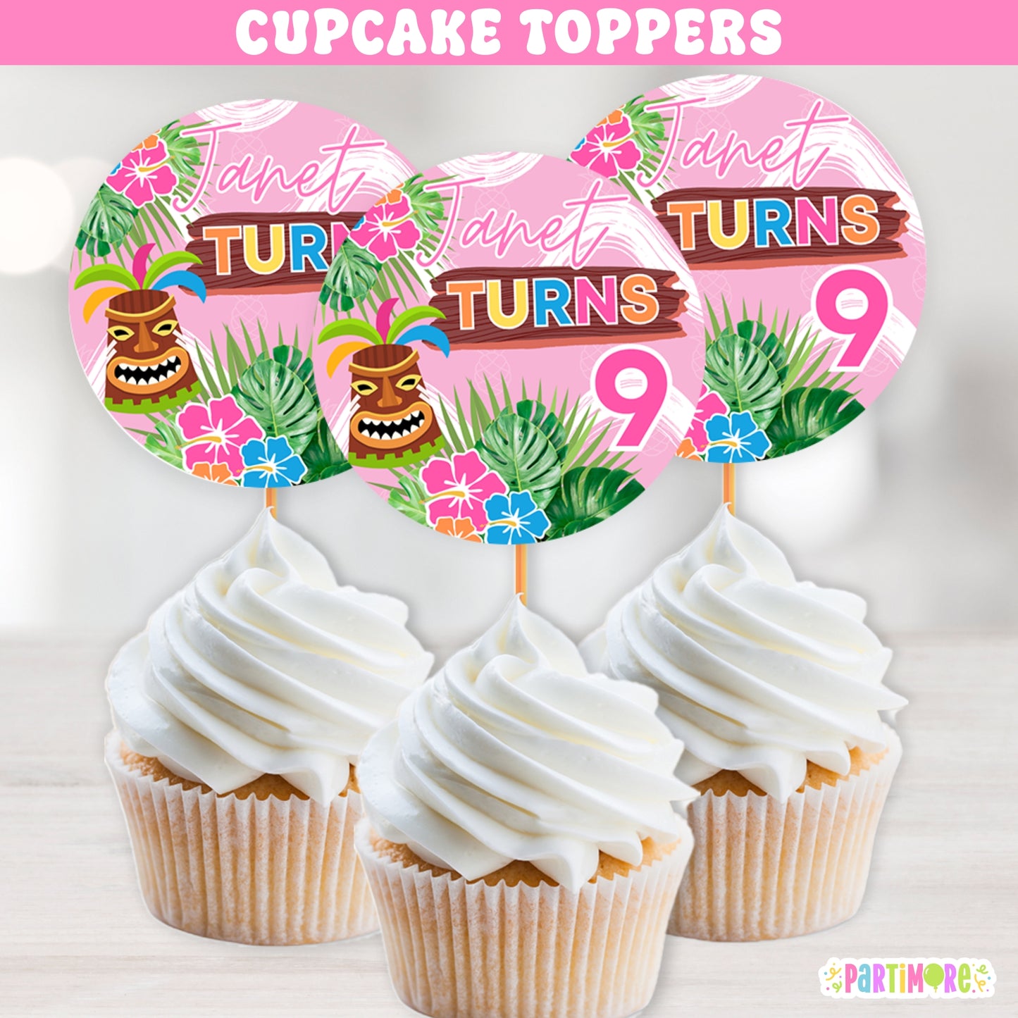Custom Hawaiian Luau Cupcake Toppers | Tropical Summer Party Decorations