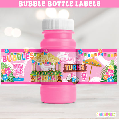 Custom Hawaiian Bubble Bottle Labels | Tropical Summer Luau Birthday Party Favor Stickers