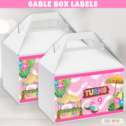 Custom Hawaiian Luau Gable Box Labels | Personalized Summer Tropical Birthday Party Favor Stickers