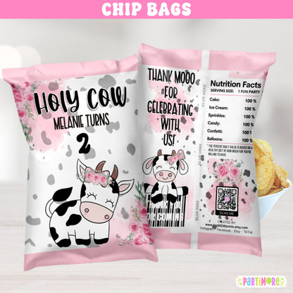 Personalized Holy Cow chip bag wrappers for girl's first birthday, pink floral cow print farm party favor bags, custom name and age