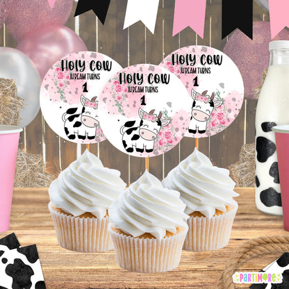 Holy Cow Themed Cupcake Toppers | Personalized Farm Party Decorations