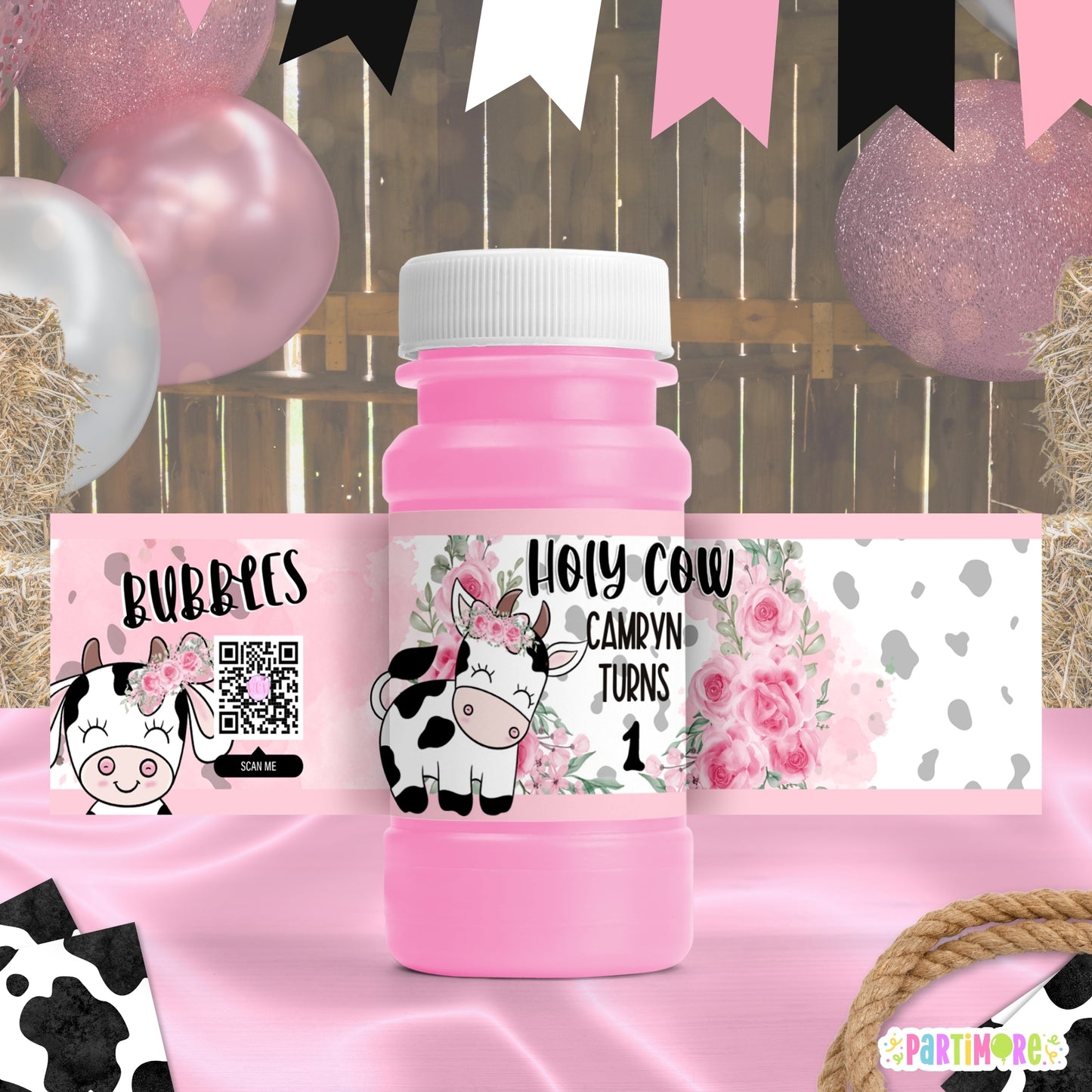 Personalized Holy Cow Bubble Bottle Label Stickers, Farm Animal Favors, Cow Print 1st Birthday Decor