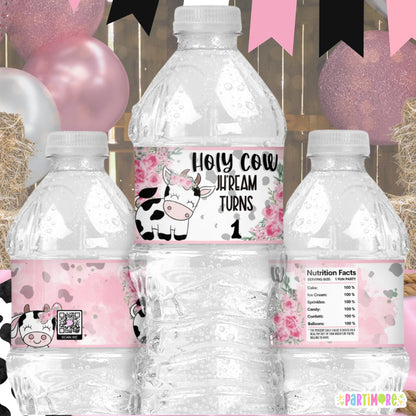 Holy Cow Themed Water Bottle Labels | Personalized Barnyard Party Decorations