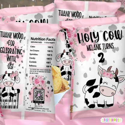 Holy Cow Themed Chip Bag Party Favors | Personalized Farm Party Treats