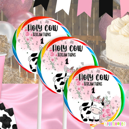 Holy Cow Themed Round Lollipop Sticker Labels | Personalized Farm Party Favors