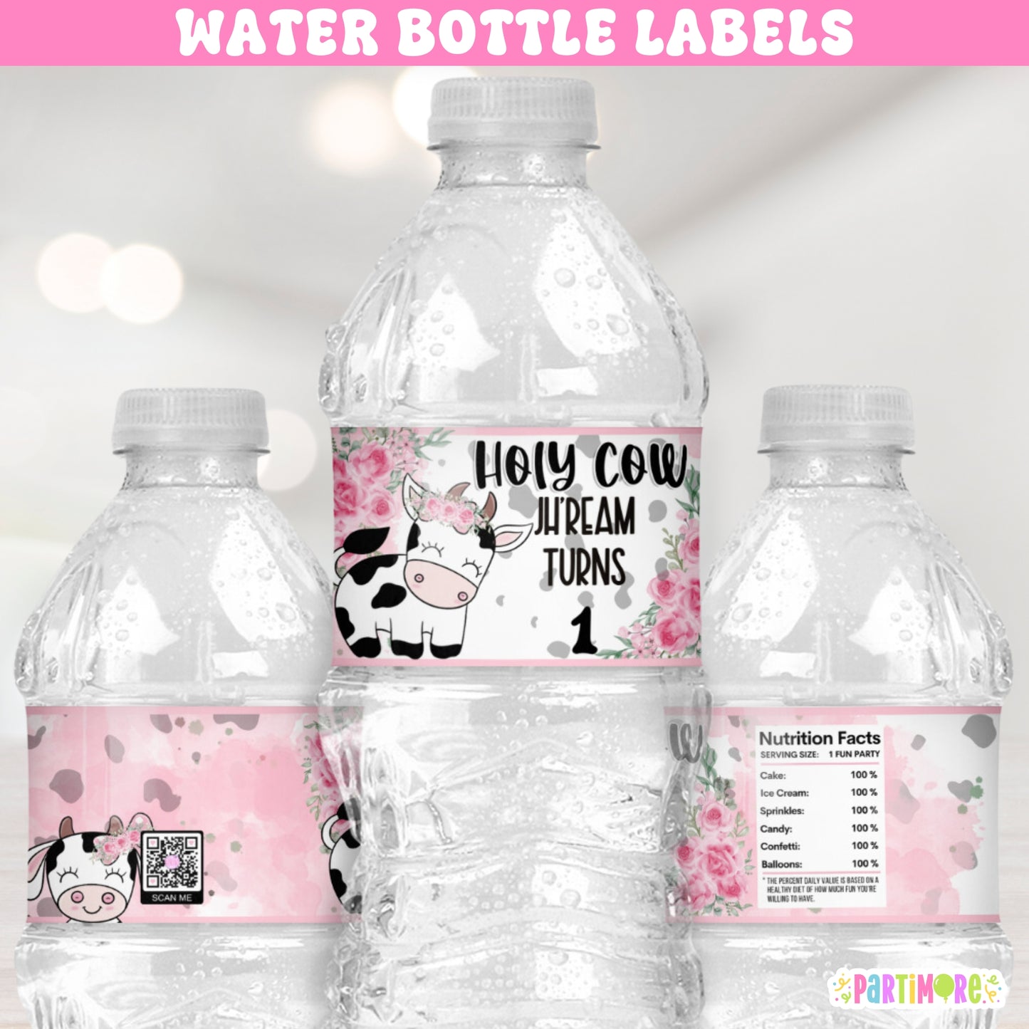 Holy Cow water bottle labels for girl's farm birthday, pink floral cow print personalized party drink wrappers