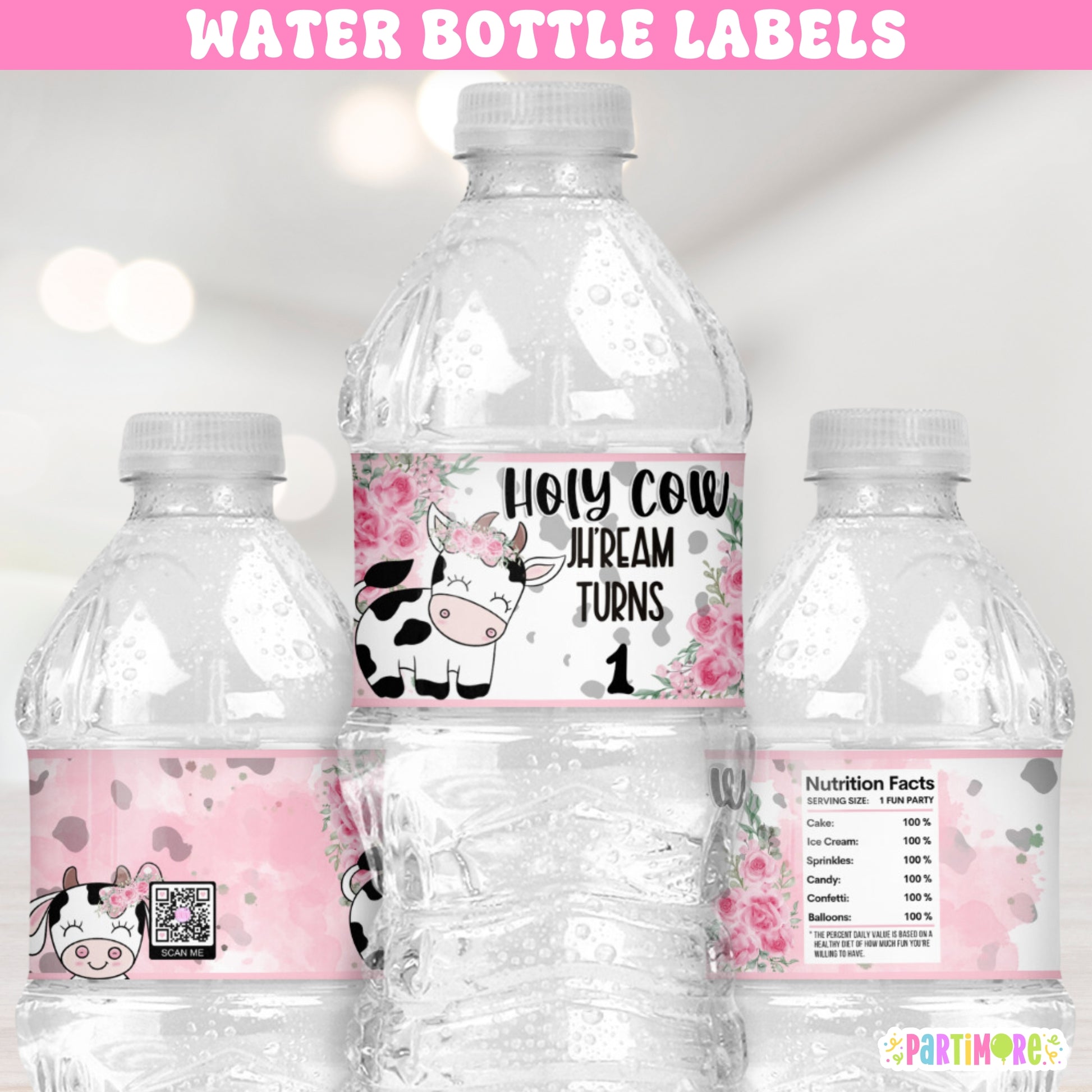 Holy Cow water bottle labels for girl's farm birthday, pink floral cow print personalized party drink wrappers