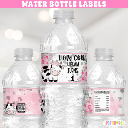 Holy Cow water bottle labels for girl's farm birthday, pink floral cow print personalized party drink wrappers