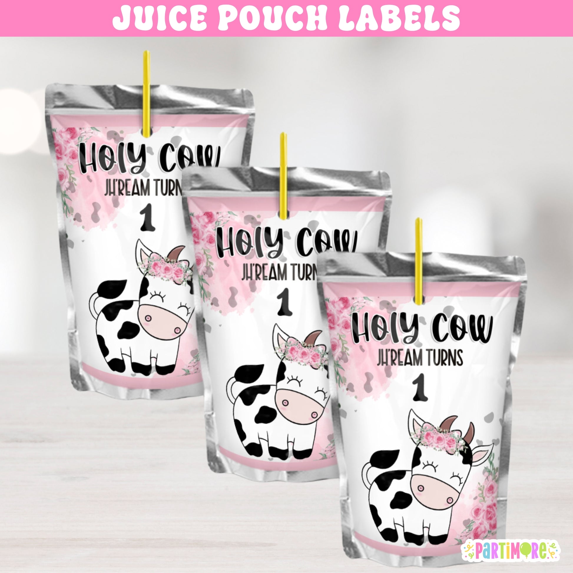 Holy Cow juice pouch labels for girl's pink floral cow print farm birthday party, personalized drink labels with name and age