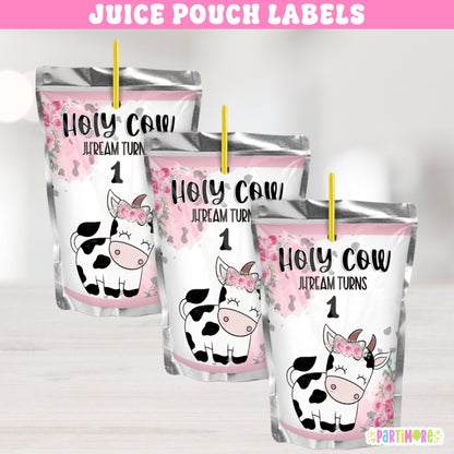 Holy Cow juice pouch labels for girl's pink floral cow print farm birthday party, personalized drink labels with name and age