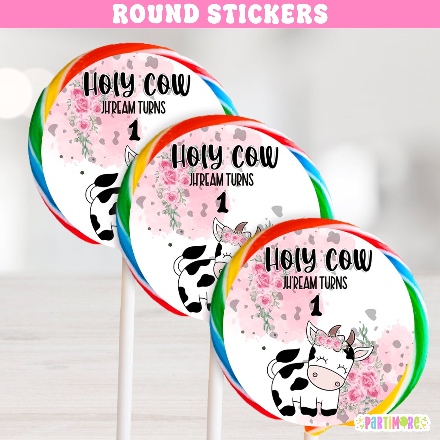 Personalized Holy Cow round stickers for lollipops party bags or crafts, girl's first birthday pink floral cow print farm party favors, custom name and age